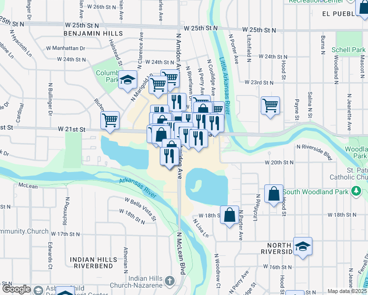 map of restaurants, bars, coffee shops, grocery stores, and more near 1919 West 21st St N in Wichita