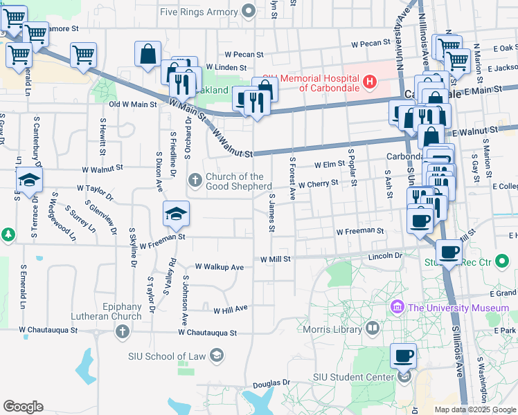 map of restaurants, bars, coffee shops, grocery stores, and more near 1004 West Schwartz Street in Carbondale