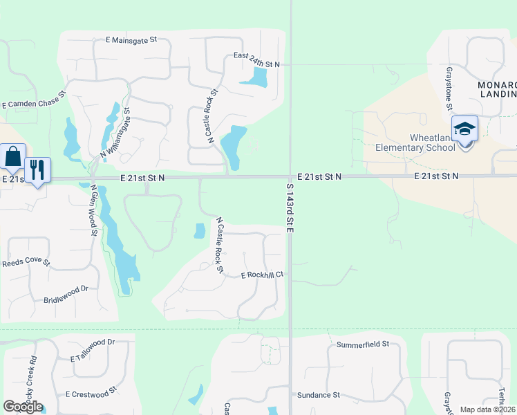 map of restaurants, bars, coffee shops, grocery stores, and more near 2121 North 143rd Street East in Wichita