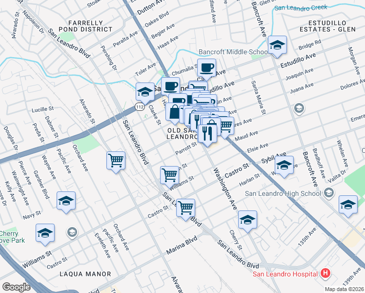 map of restaurants, bars, coffee shops, grocery stores, and more near 1599 Hays Street in San Leandro