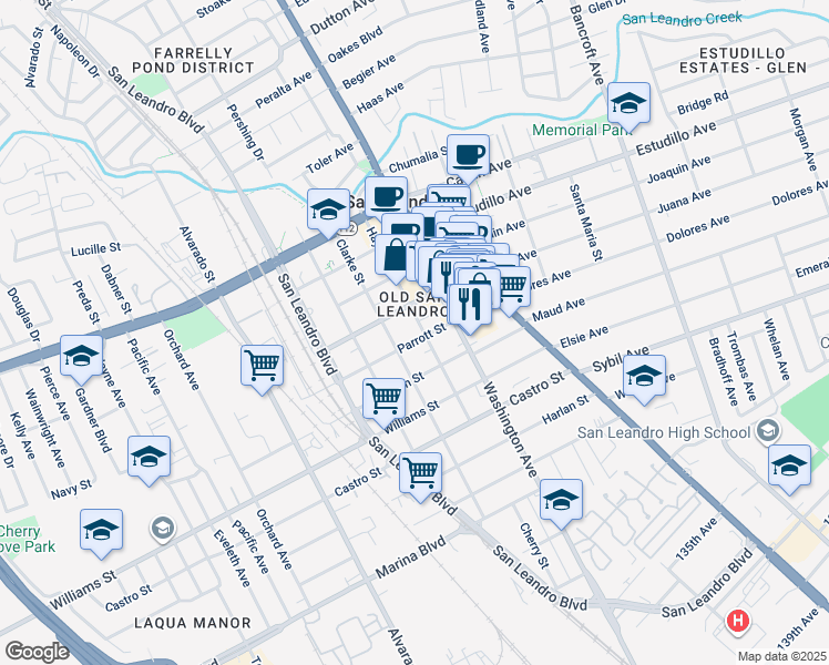 map of restaurants, bars, coffee shops, grocery stores, and more near 1599 Hays Street in San Leandro