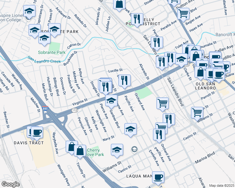 map of restaurants, bars, coffee shops, grocery stores, and more near Davis Street & Preda Street in San Leandro