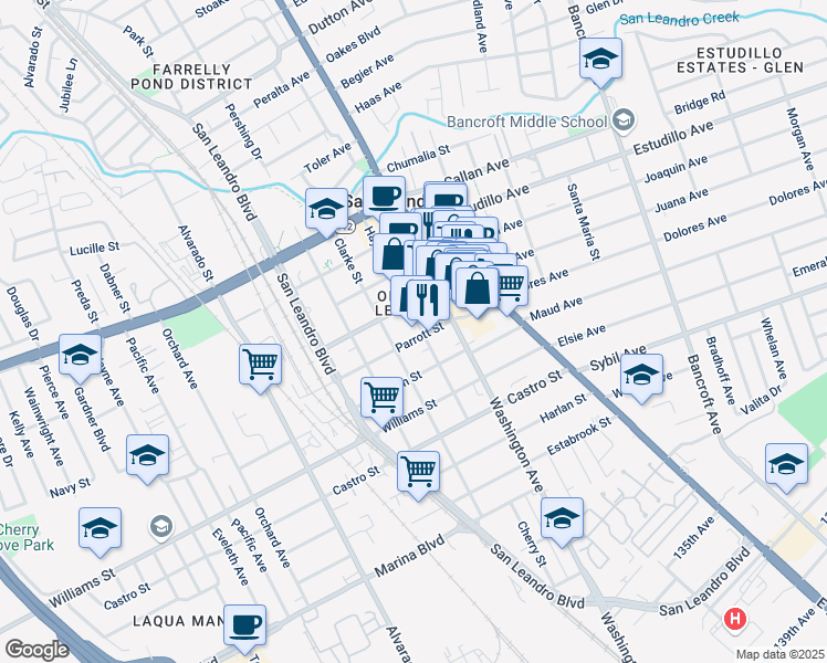 map of restaurants, bars, coffee shops, grocery stores, and more near in San Leandro