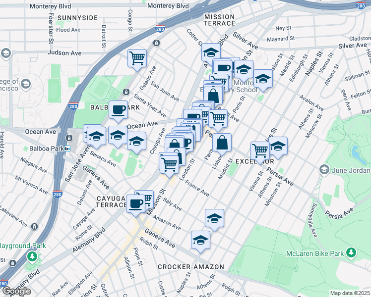 map of restaurants, bars, coffee shops, grocery stores, and more near 4780 Mission Street in San Francisco