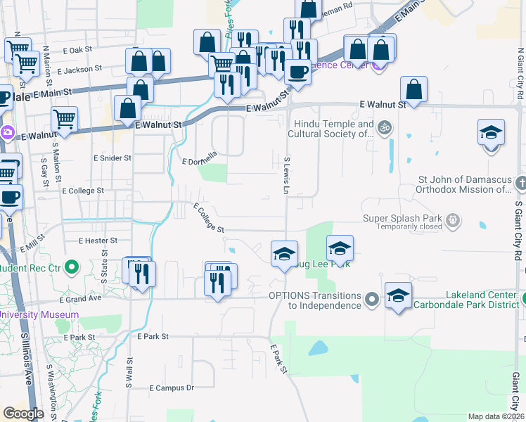 map of restaurants, bars, coffee shops, grocery stores, and more near 500 South Lewis Lane in Carbondale