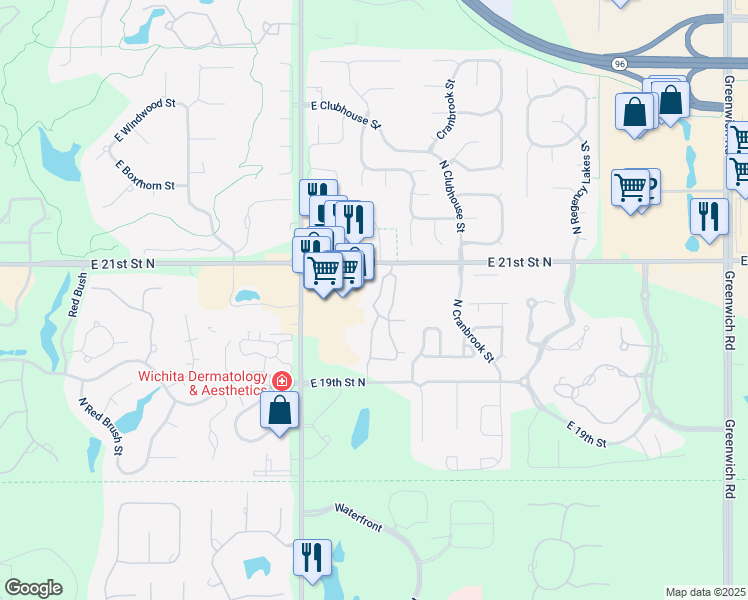 map of restaurants, bars, coffee shops, grocery stores, and more near 9911 East 21st Street North in Wichita
