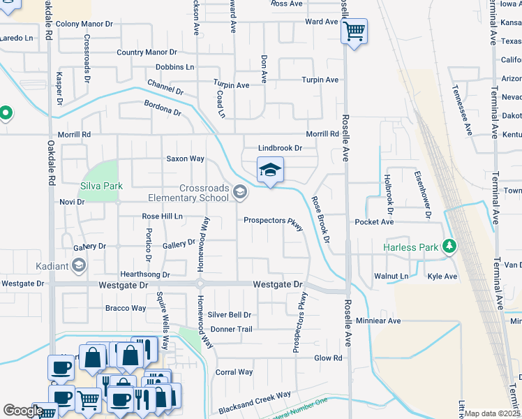 map of restaurants, bars, coffee shops, grocery stores, and more near 5800 Saxon Way in Riverbank