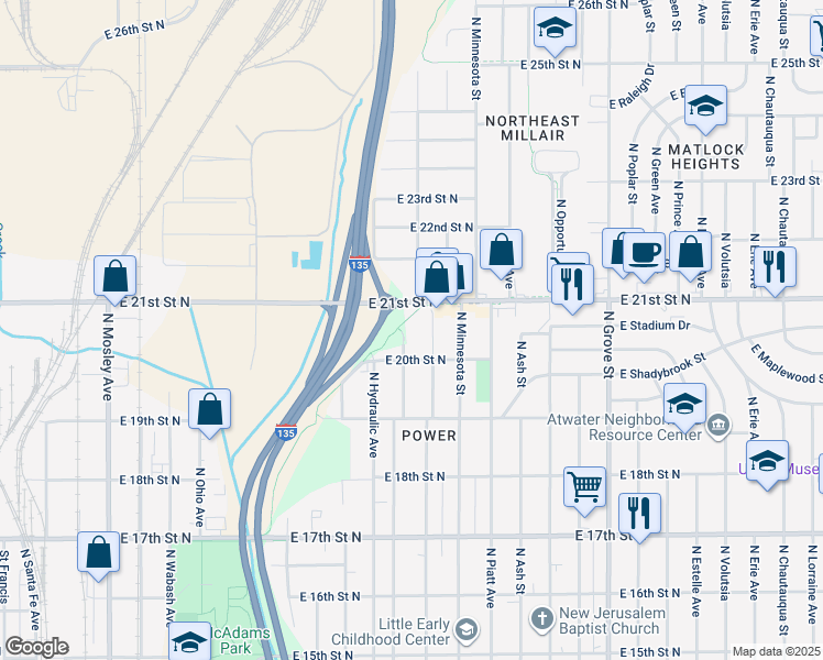 map of restaurants, bars, coffee shops, grocery stores, and more near 2126 North Kansas Street in Wichita