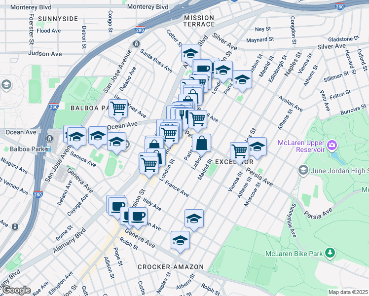 map of restaurants, bars, coffee shops, grocery stores, and more near 450 London Street in San Francisco