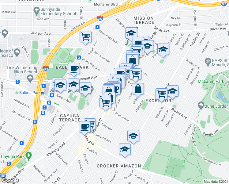 map of restaurants, bars, coffee shops, grocery stores, and more near 4780 Mission Street in San Francisco