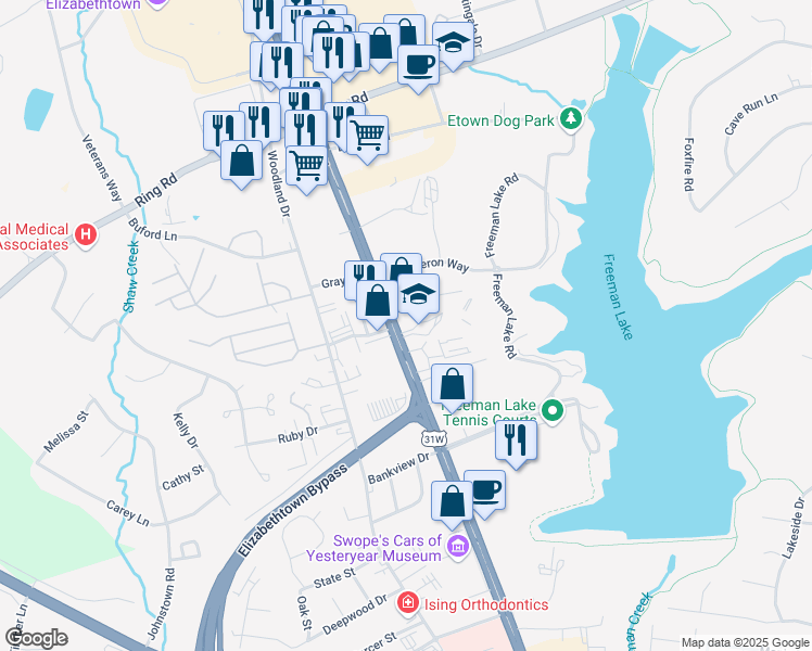 map of restaurants, bars, coffee shops, grocery stores, and more near 1317 U.S. 31W in Elizabethtown