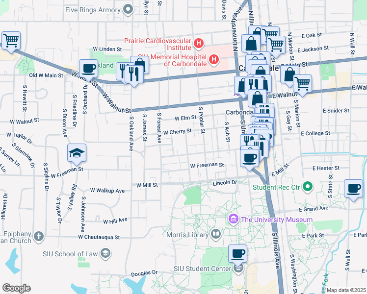 map of restaurants, bars, coffee shops, grocery stores, and more near 516 South Rawlings Street in Carbondale