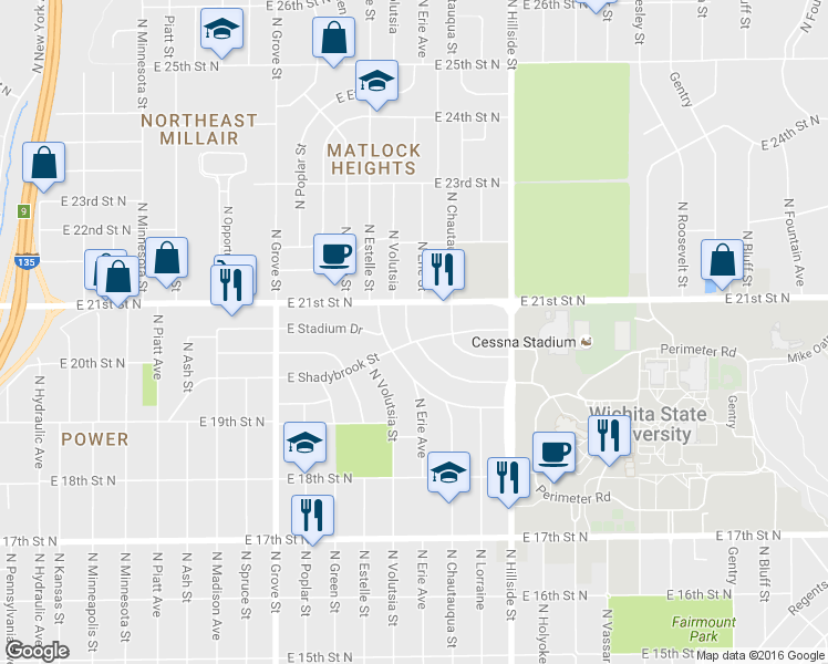 map of restaurants, bars, coffee shops, grocery stores, and more near 2116 North Erie Street in Wichita