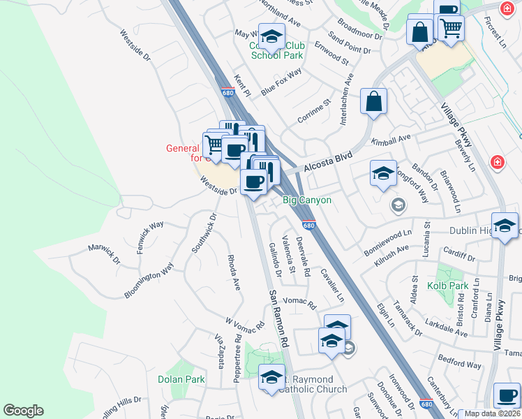 map of restaurants, bars, coffee shops, grocery stores, and more near 7987 Bellina Street in Dublin