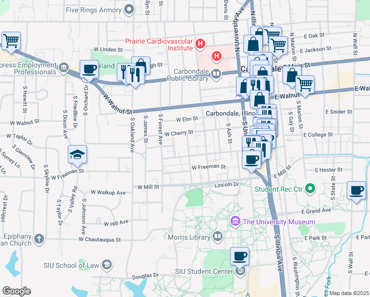 map of restaurants, bars, coffee shops, grocery stores, and more near 516 South Rawlings Street in Carbondale