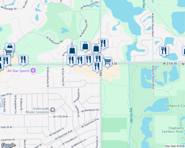 map of restaurants, bars, coffee shops, grocery stores, and more near 2131 North Ridge Road in Wichita