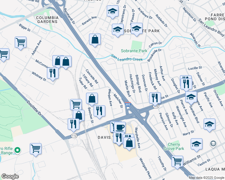 map of restaurants, bars, coffee shops, grocery stores, and more near 850 Melcher Street in San Leandro