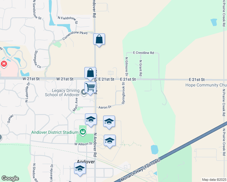 map of restaurants, bars, coffee shops, grocery stores, and more near 2023 Harvest Ridge Court in Andover