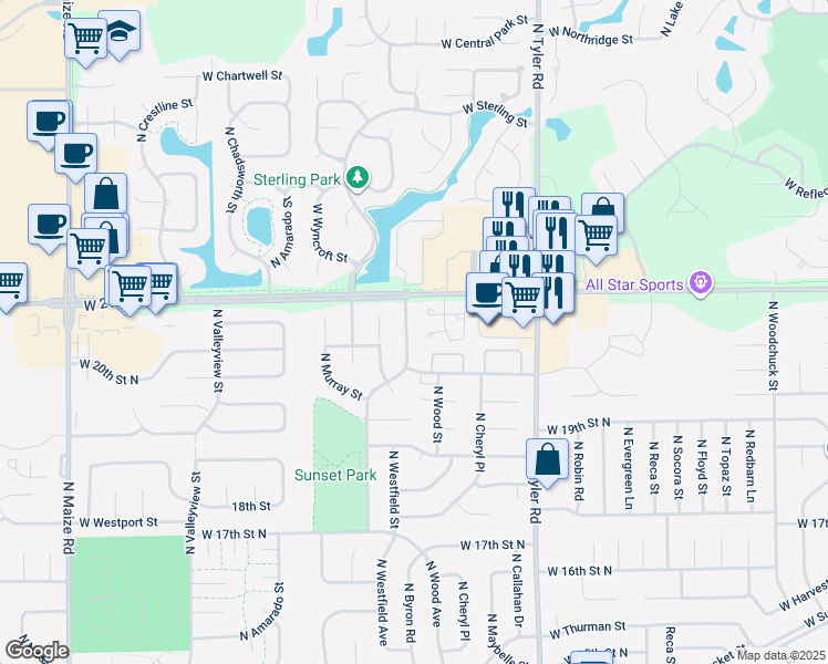 map of restaurants, bars, coffee shops, grocery stores, and more near 2132 North Byron Road in Wichita