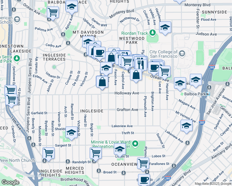 map of restaurants, bars, coffee shops, grocery stores, and more near Holloway Avenue & Faxon Avenue in San Francisco