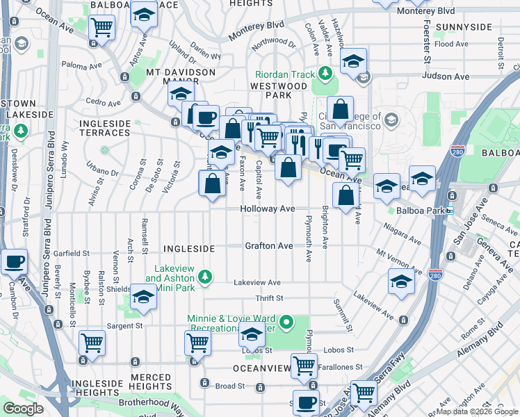 map of restaurants, bars, coffee shops, grocery stores, and more near Holloway Avenue & Capitol Avenue in San Francisco