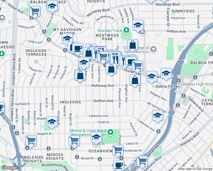 map of restaurants, bars, coffee shops, grocery stores, and more near Holloway Ave & Miramar Ave in San Francisco