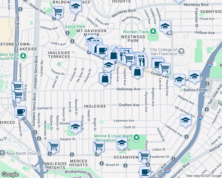 map of restaurants, bars, coffee shops, grocery stores, and more near Holloway Ave & Jules Ave in San Francisco