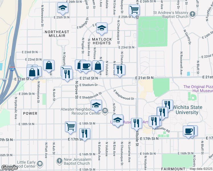 map of restaurants, bars, coffee shops, grocery stores, and more near 2116 North Erie Street in Wichita