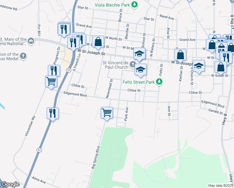 map of restaurants, bars, coffee shops, grocery stores, and more near 312 Zeno Street in Perryville