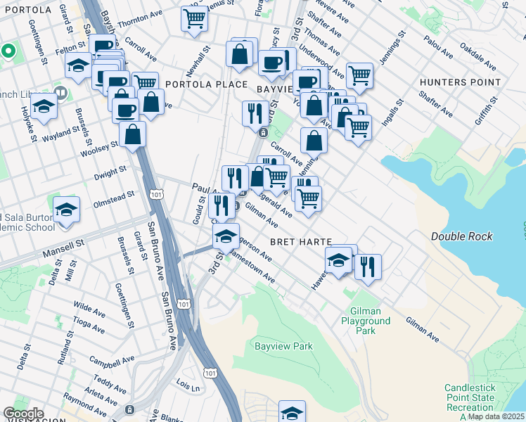 map of restaurants, bars, coffee shops, grocery stores, and more near 1326 Gilman Avenue in San Francisco