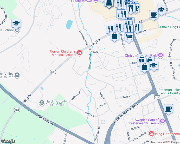 map of restaurants, bars, coffee shops, grocery stores, and more near 1335 Amanda Jo Drive in Elizabethtown