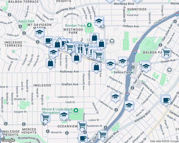 map of restaurants, bars, coffee shops, grocery stores, and more near Holloway Ave & Brighton Ave in San Francisco