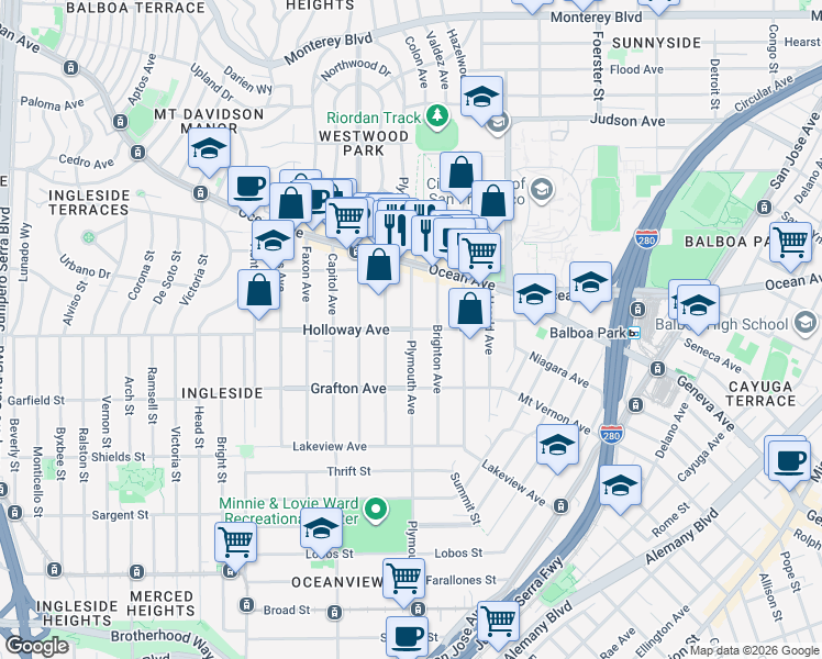 map of restaurants, bars, coffee shops, grocery stores, and more near Plymouth Avenue in San Francisco