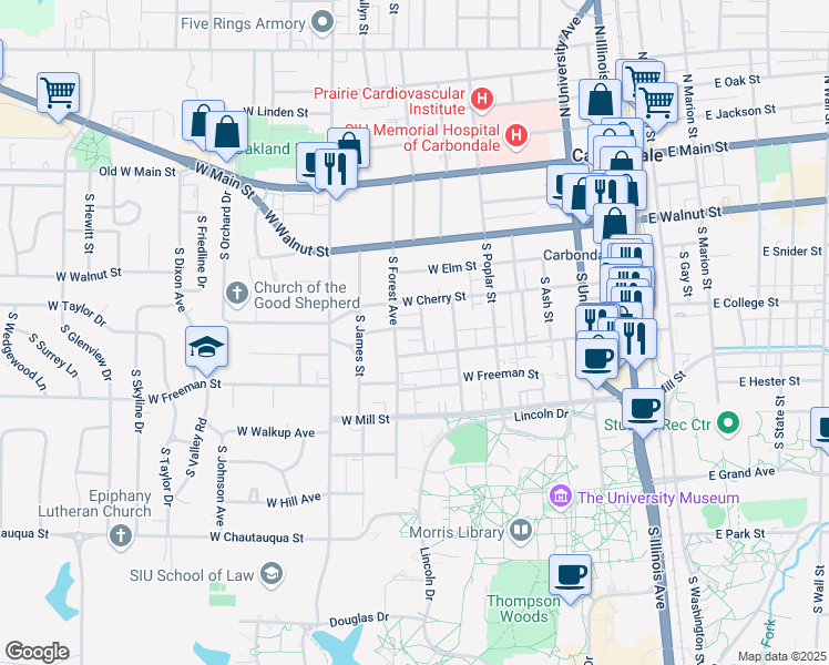 map of restaurants, bars, coffee shops, grocery stores, and more near 510 South Hays Avenue in Carbondale