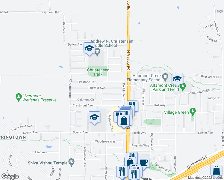 map of restaurants, bars, coffee shops, grocery stores, and more near 5879 Idlewild Ave in Livermore