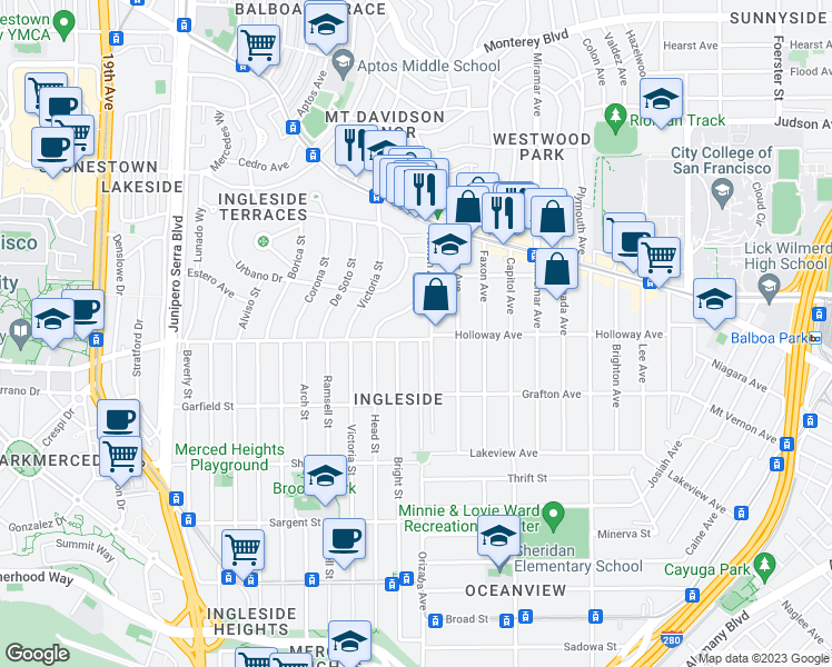 map of restaurants, bars, coffee shops, grocery stores, and more near 920 Holloway Avenue in San Francisco