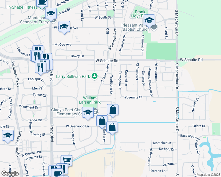 map of restaurants, bars, coffee shops, grocery stores, and more near 77 Primrose Court in Tracy