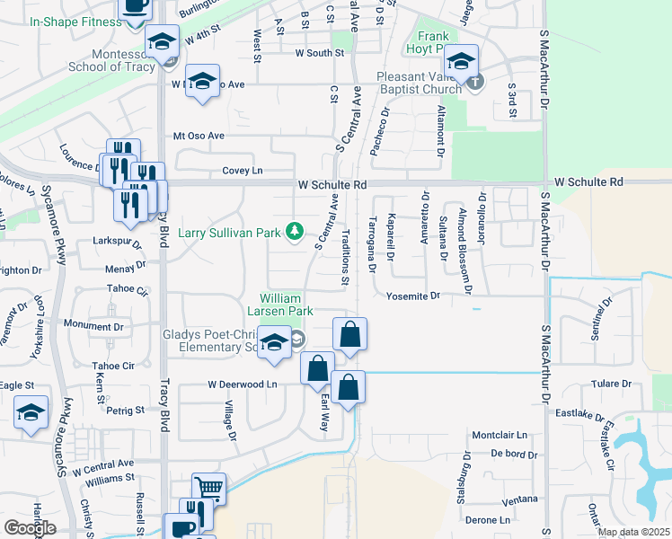 map of restaurants, bars, coffee shops, grocery stores, and more near 77 Primrose Court in Tracy