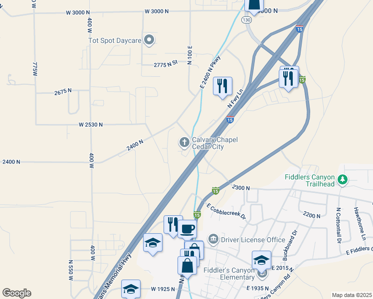 map of restaurants, bars, coffee shops, grocery stores, and more near 101 E Nichols Canyon Rd in Cedar City