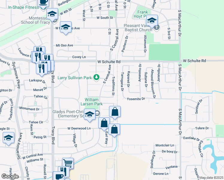 map of restaurants, bars, coffee shops, grocery stores, and more near 77 Primrose Court in Tracy