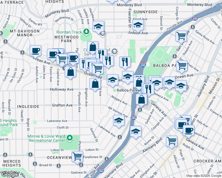 map of restaurants, bars, coffee shops, grocery stores, and more near 66 Geneva Avenue in San Francisco