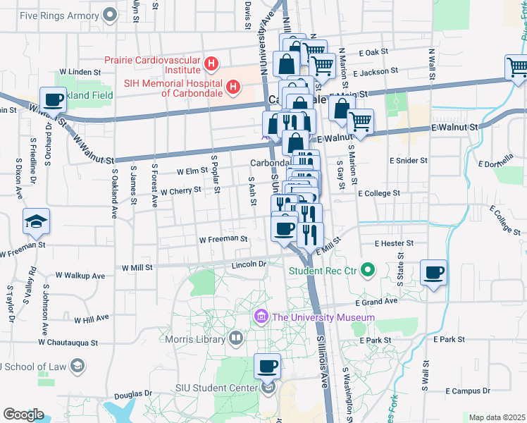 map of restaurants, bars, coffee shops, grocery stores, and more near 520 South University Avenue in Carbondale