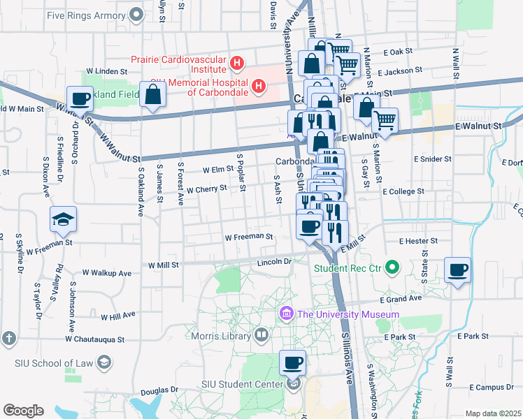 map of restaurants, bars, coffee shops, grocery stores, and more near 513 South Beveridge Street in Carbondale