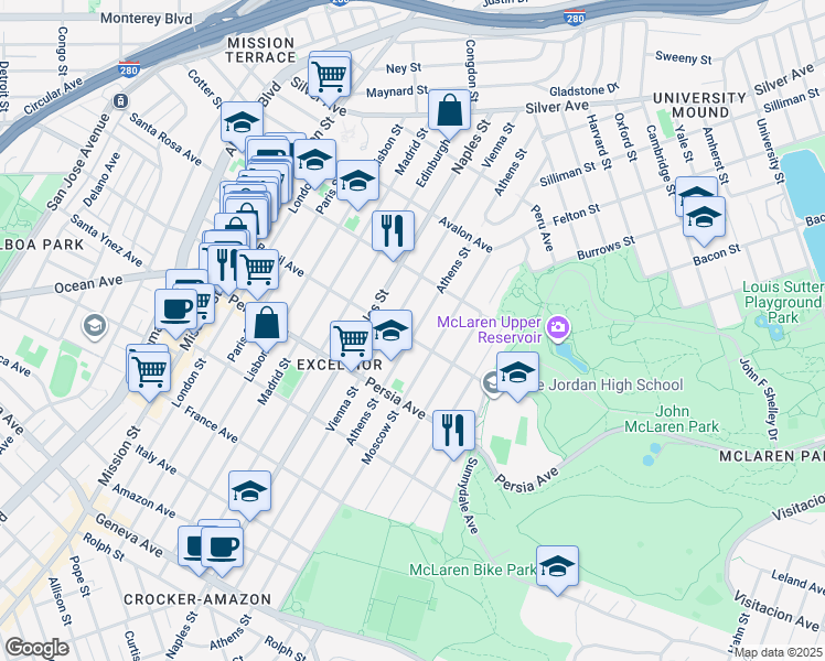 map of restaurants, bars, coffee shops, grocery stores, and more near 745 Brazil Avenue in San Francisco