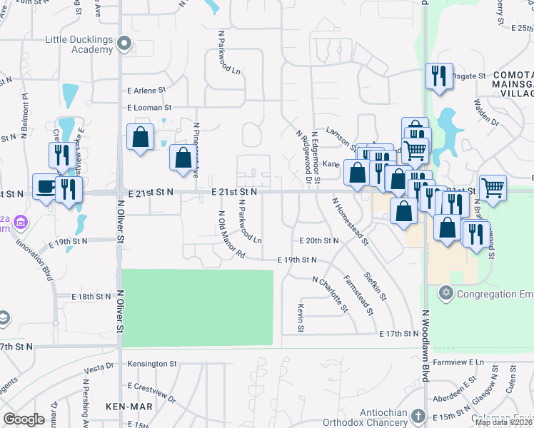 map of restaurants, bars, coffee shops, grocery stores, and more near 2108 North Ridgewood Drive in Wichita