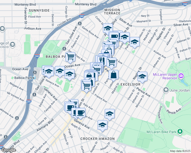 map of restaurants, bars, coffee shops, grocery stores, and more near 4758-4764 Mission Street in San Francisco