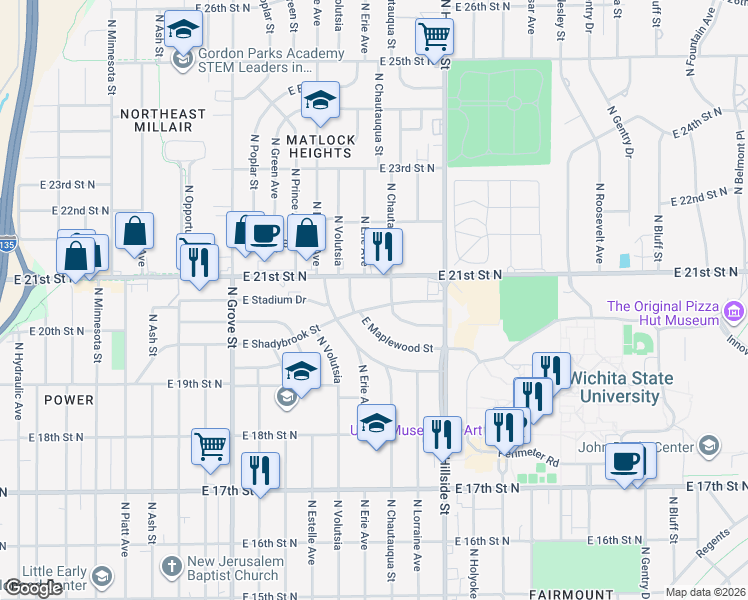 map of restaurants, bars, coffee shops, grocery stores, and more near 2922 East Shadybrook Street in Wichita
