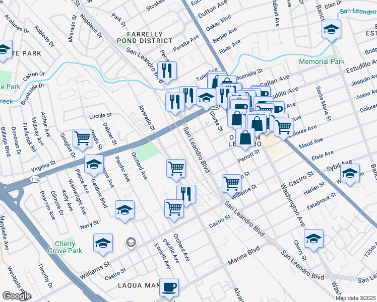 map of restaurants, bars, coffee shops, grocery stores, and more near 1401 San Leandro Boulevard in San Leandro