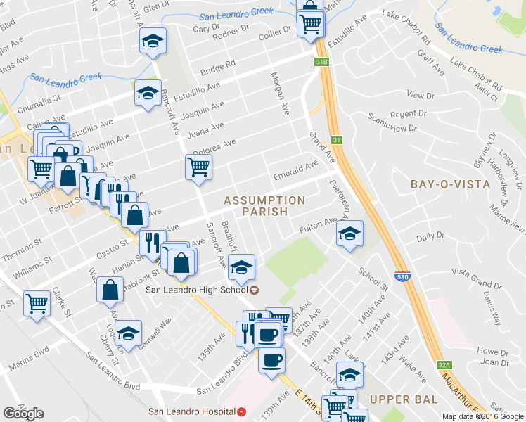 map of restaurants, bars, coffee shops, grocery stores, and more near 1958 Whelan Avenue in San Leandro