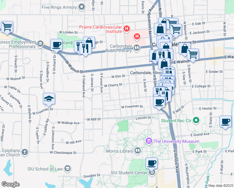 map of restaurants, bars, coffee shops, grocery stores, and more near 511 South Rawlings Street in Carbondale